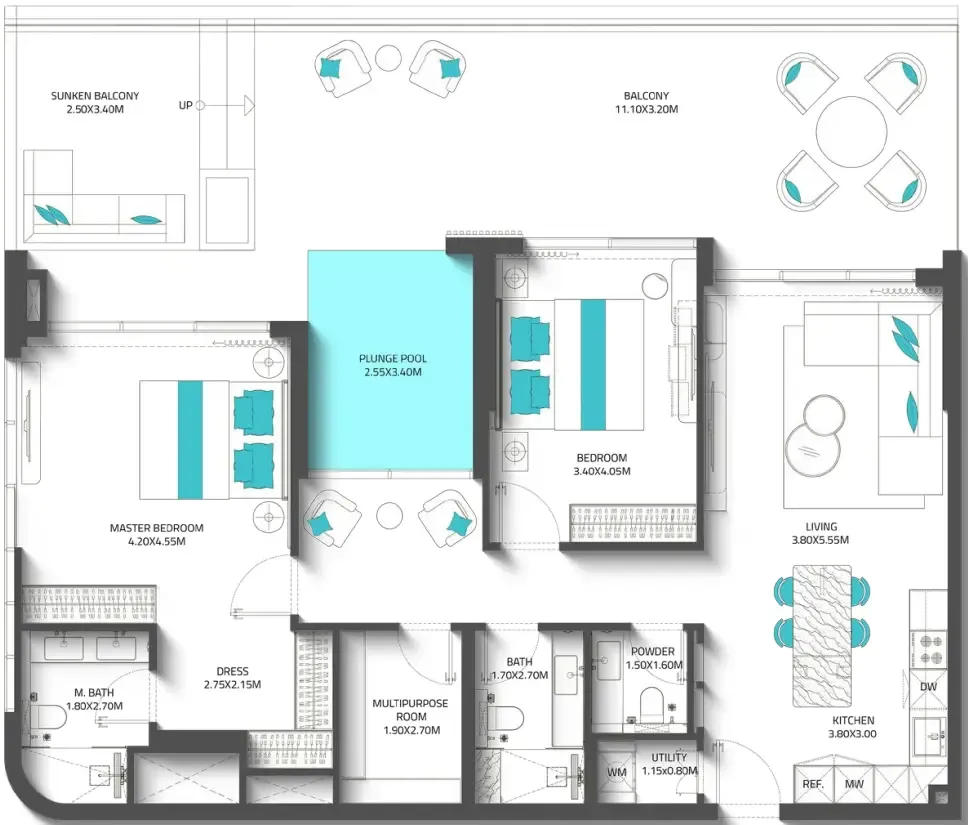 Reef 997 2 bed floor plan, 2,187 sqft