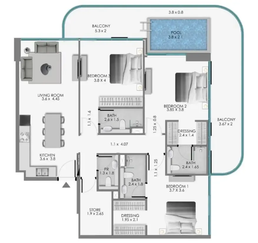 Samana Ocean Bay 3 bed floor plan, 1,737 sqft