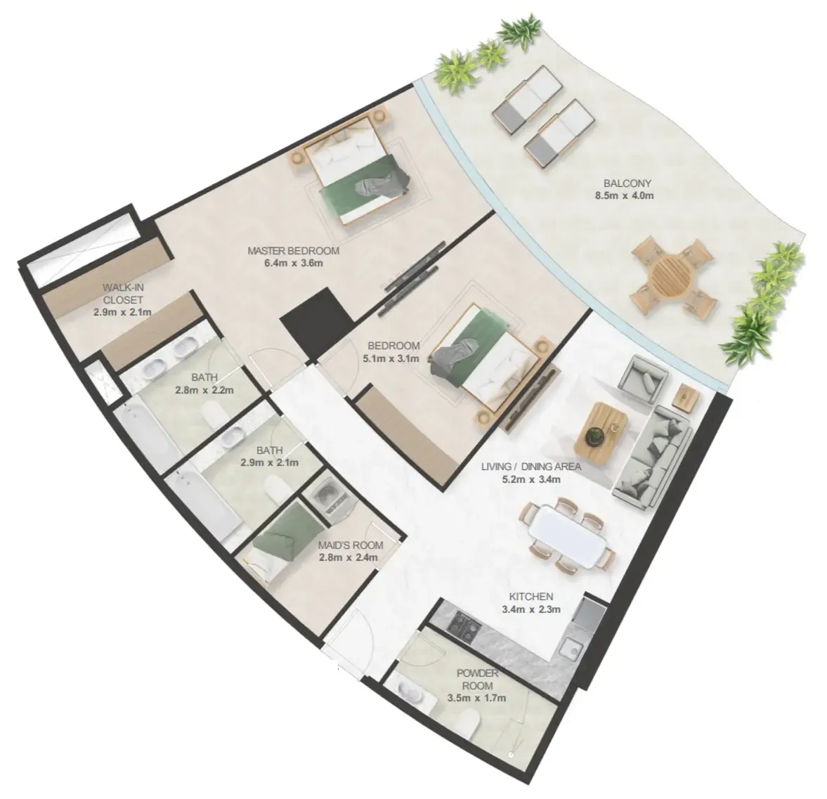 Oystra 2 bed floor plan, 1,643 sqft