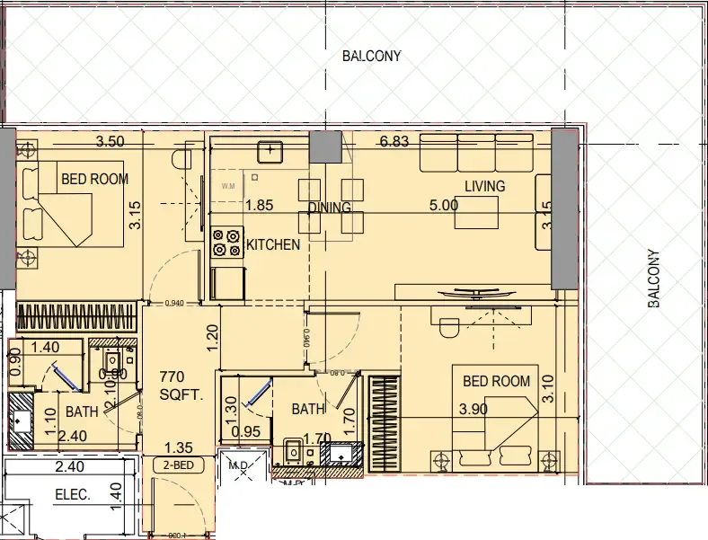 Binghatti Vintage 2 bed floor plan, 1,250 sqft