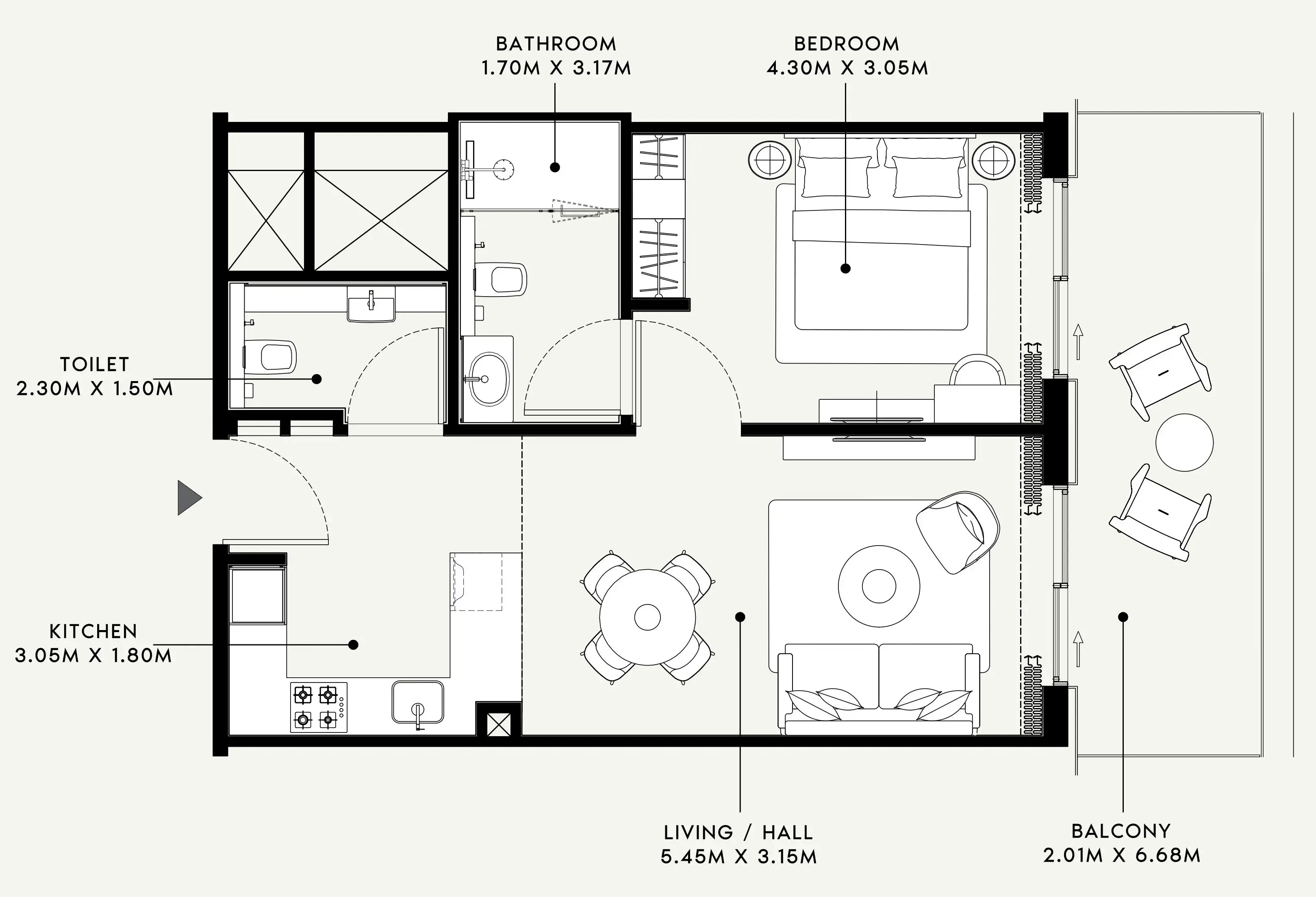 Azizi Venice 1 bed floor plan, 733 sqft