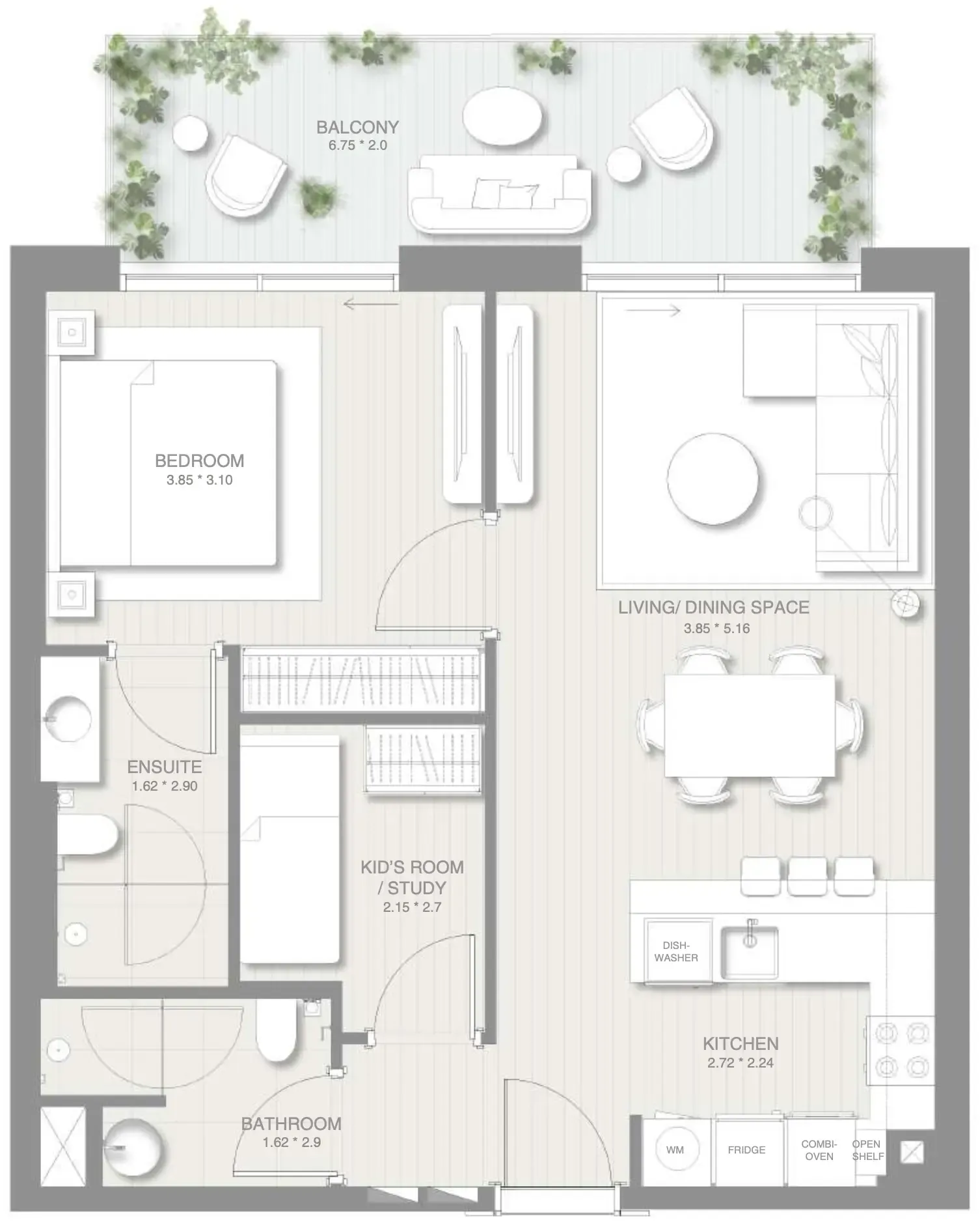 Sol Levante 1 bed floor plan, 860 sqft
