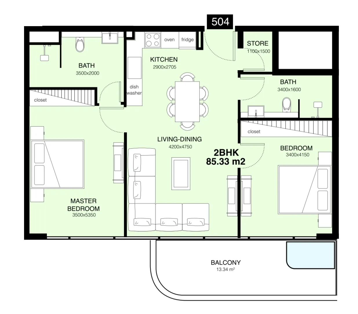 Villa Del Gavi 2 bed floor plan, 1,061 sqft