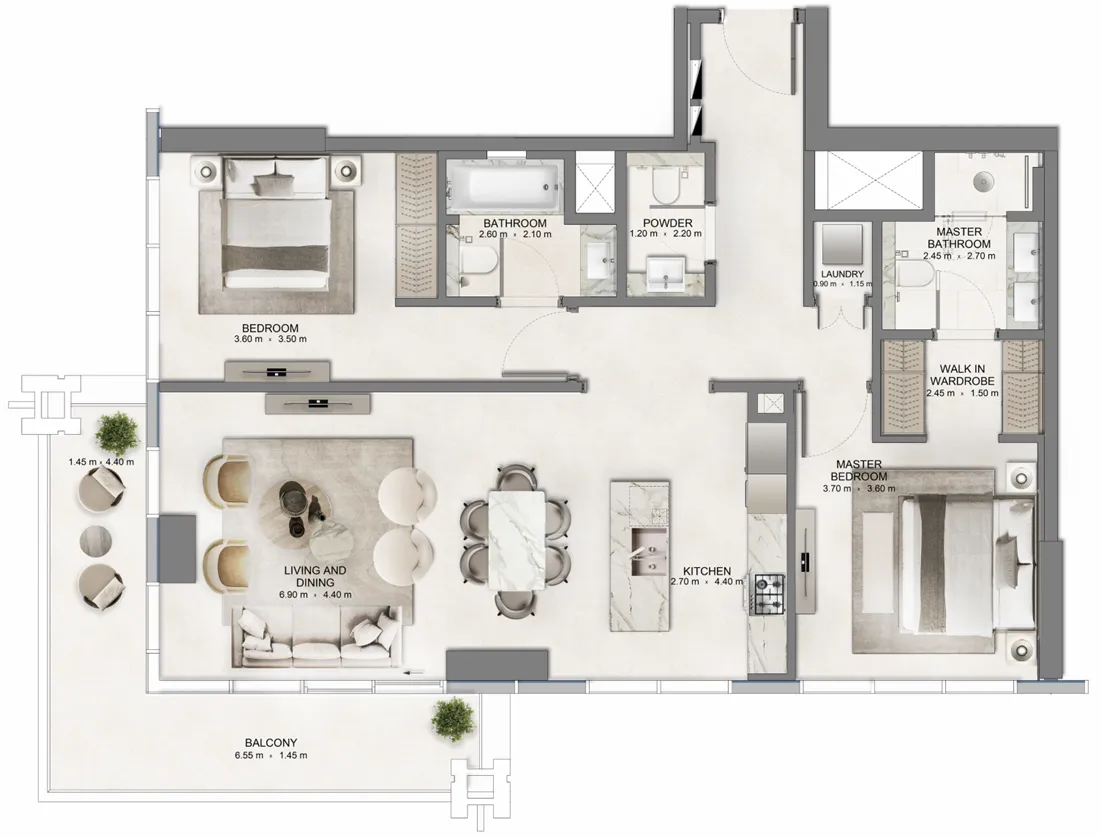 The Residences DIFC Zabeel District 2 bed floor plan, 1,460 sqft