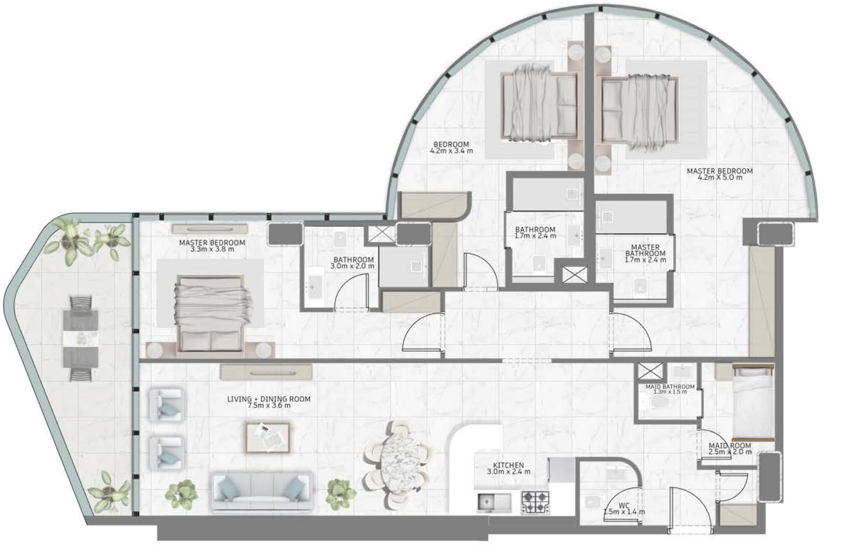 Al Habtoor Tower 3 bed floor plan, 1,857 sqft