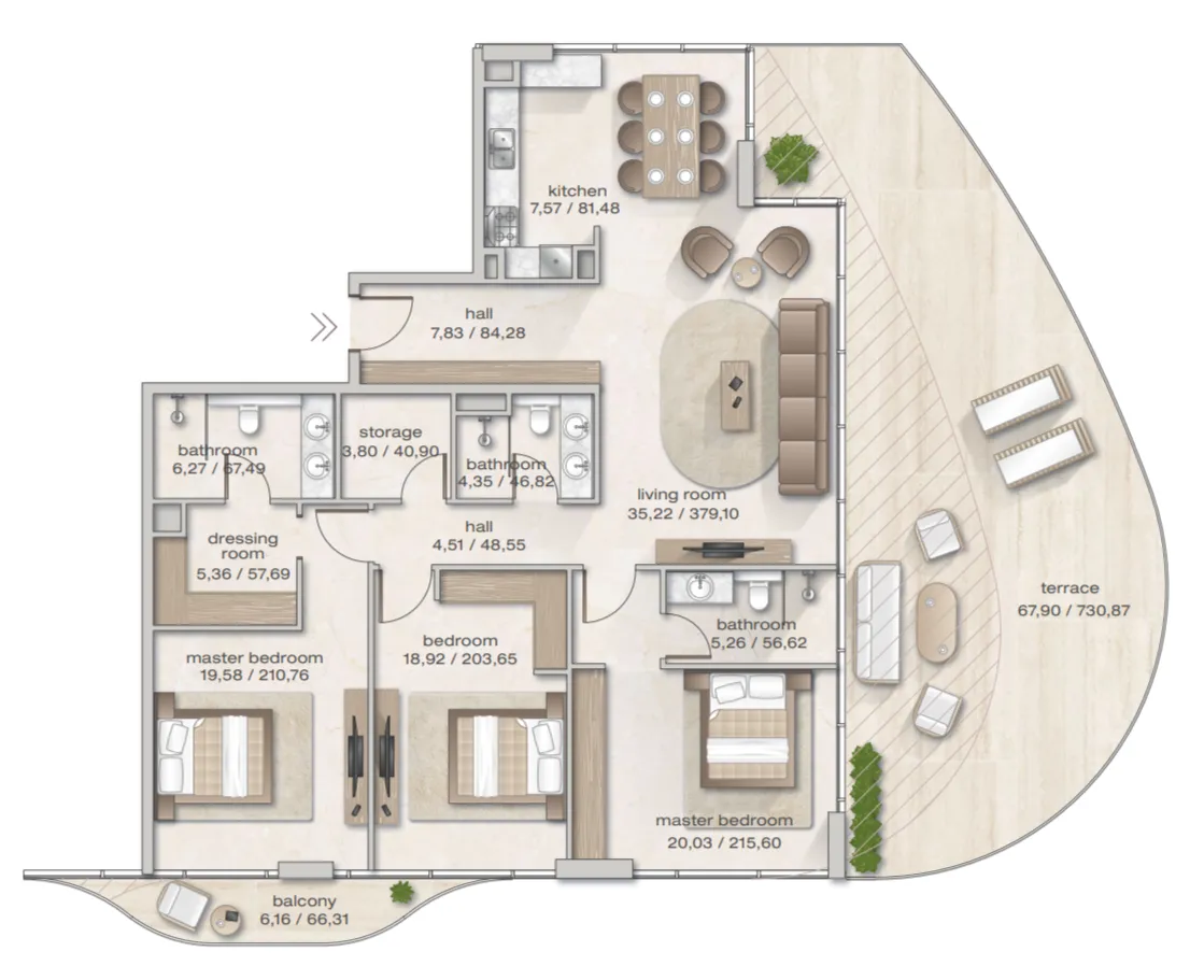 Zephyra Residences 3 bed floor plan, 2,431 sqft