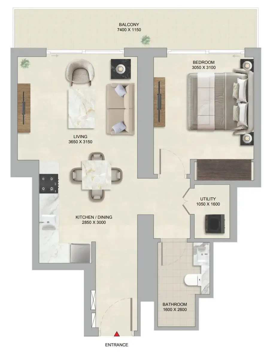 The Tranquil at Sobha Central 1 bed floor plan, 668 sqft