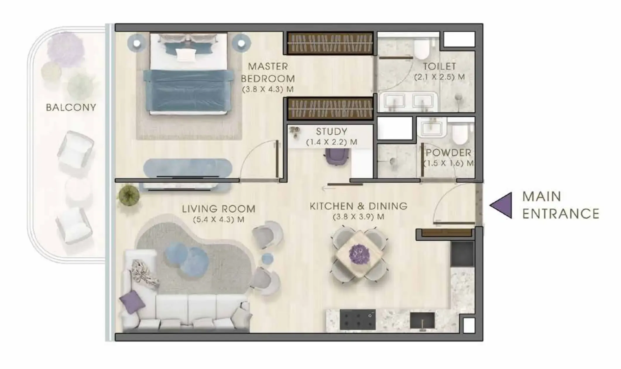 Kaia Residences 1 bed floor plan, 922 sqft