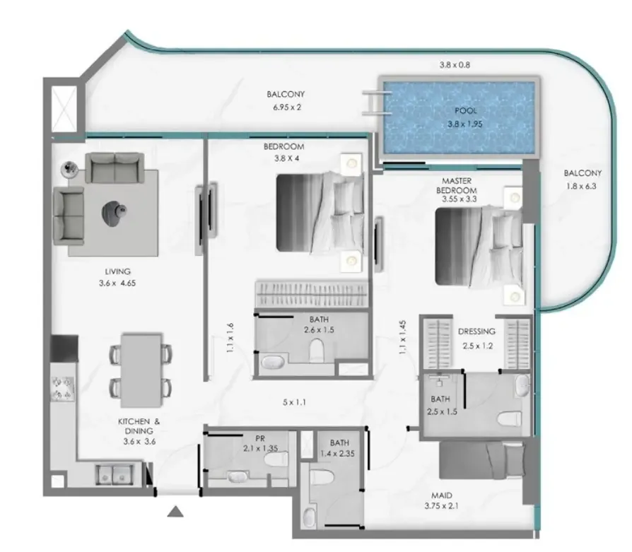 Samana Ocean Bay 2 bed floor plan, 1,435 sqft