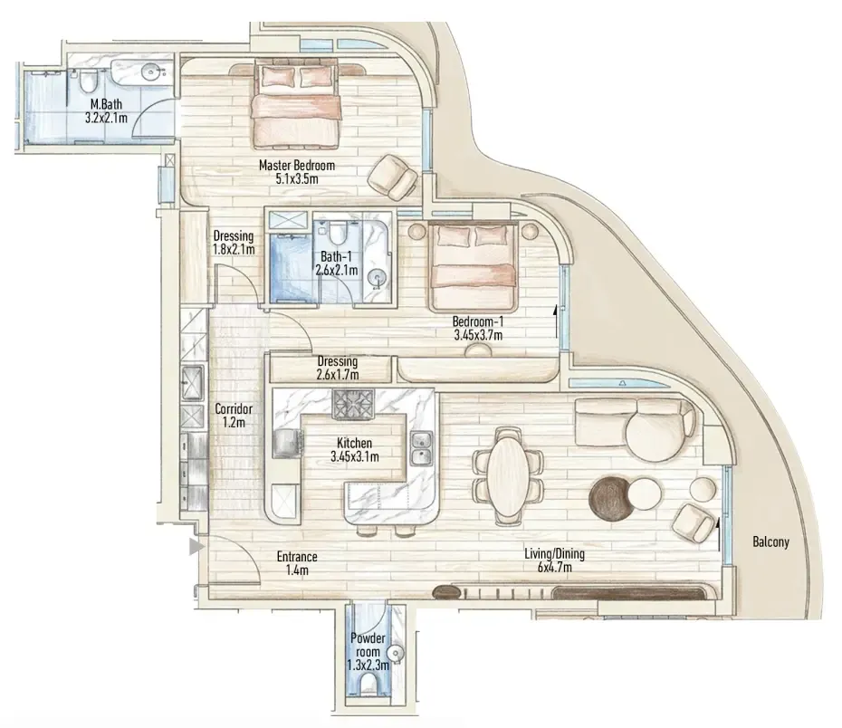 Flow 25 2 bed floor plan, 1,372 – 1,375 sqft