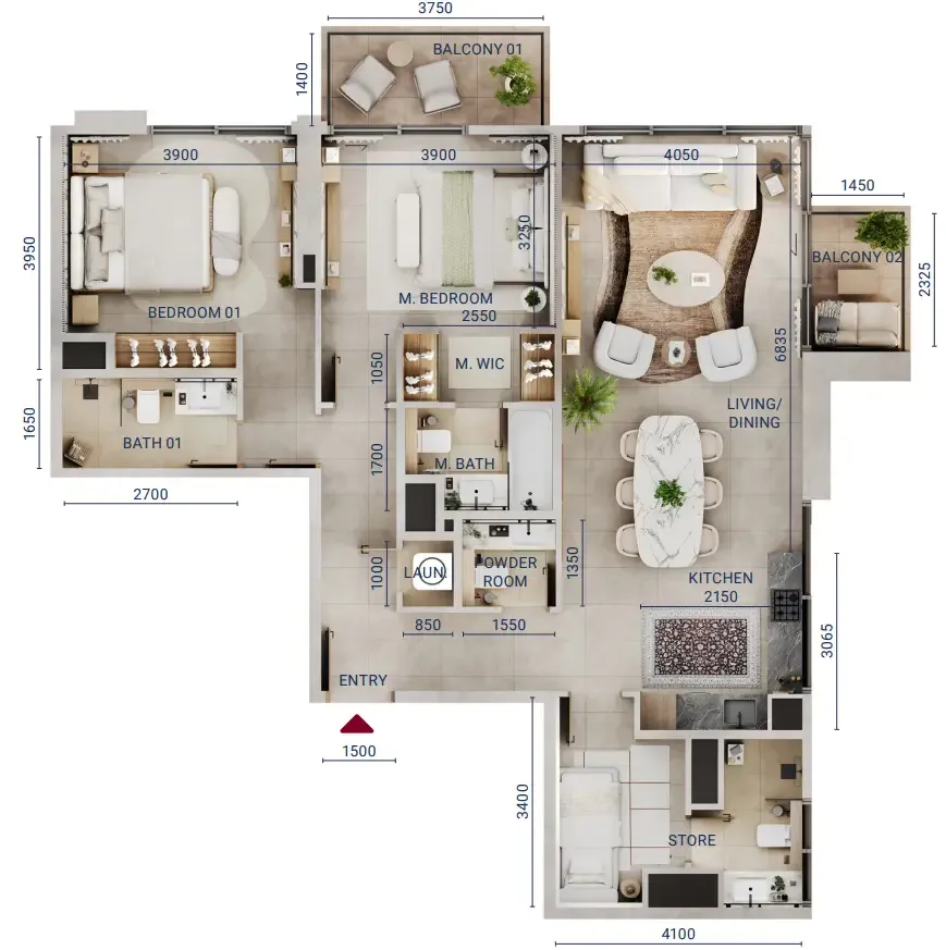 Mirdad 2 bed floor plan, 1,350 sqft
