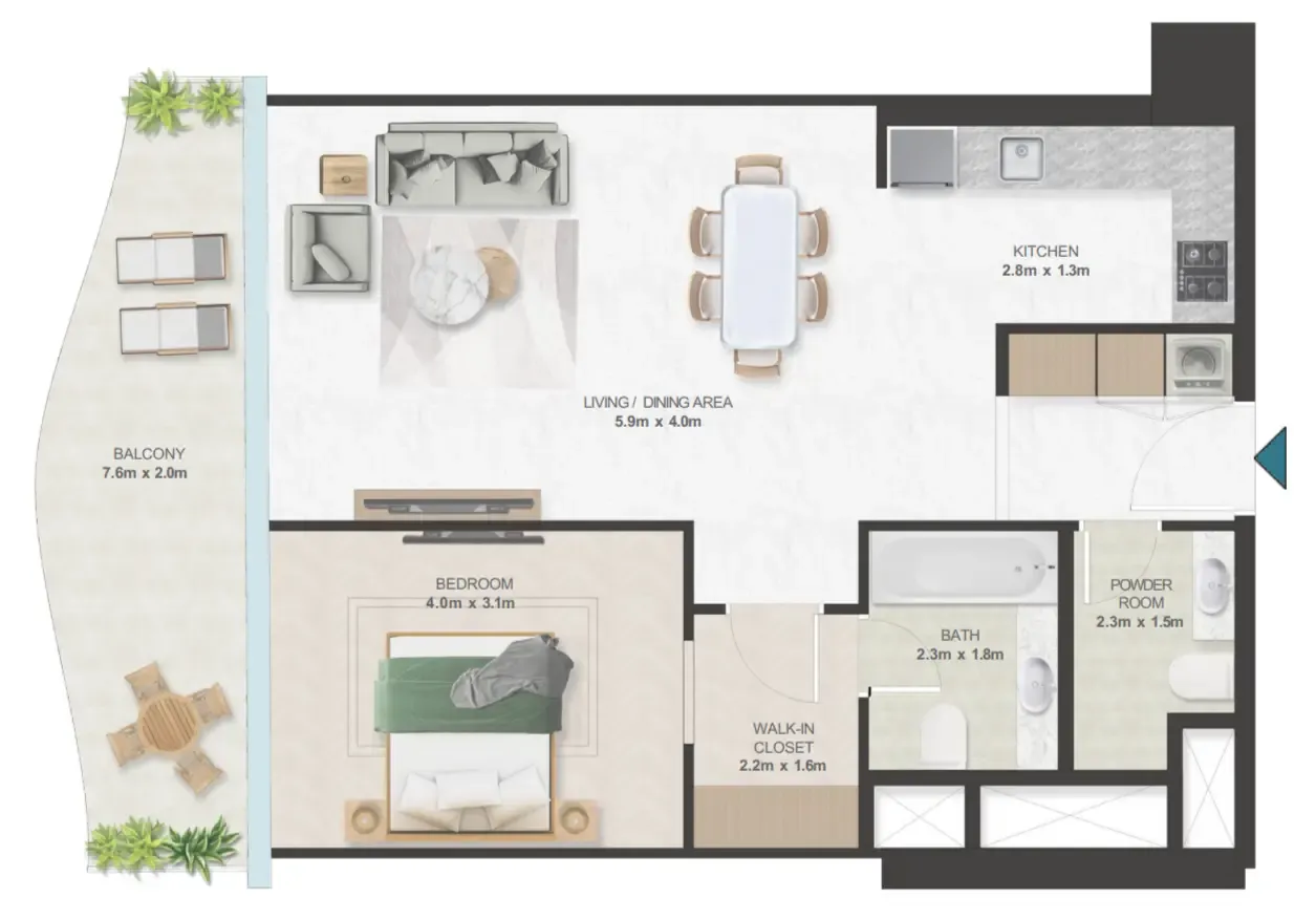 Oystra 1 bed floor plan, 1,084 sqft