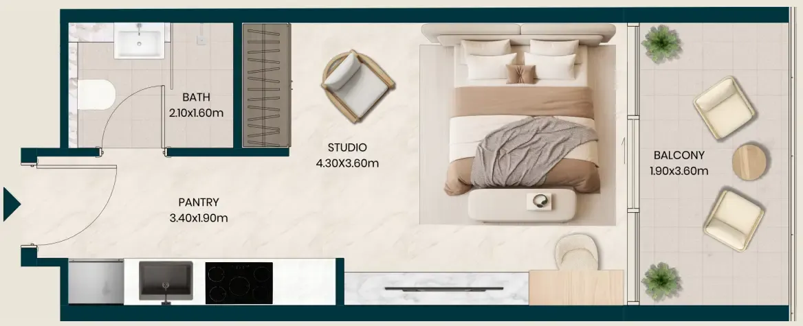 Kyomi Residences Studio floor plan, 385 sqft