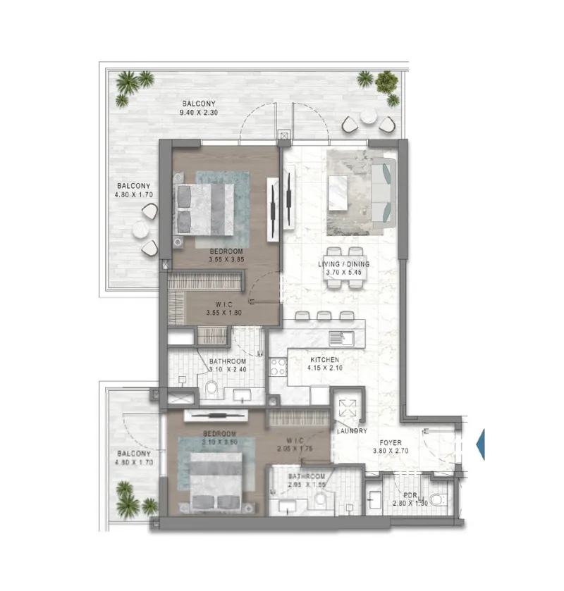 Damac Riverside Views 2 bed floor plan, 1,418 – 1,440 sqft