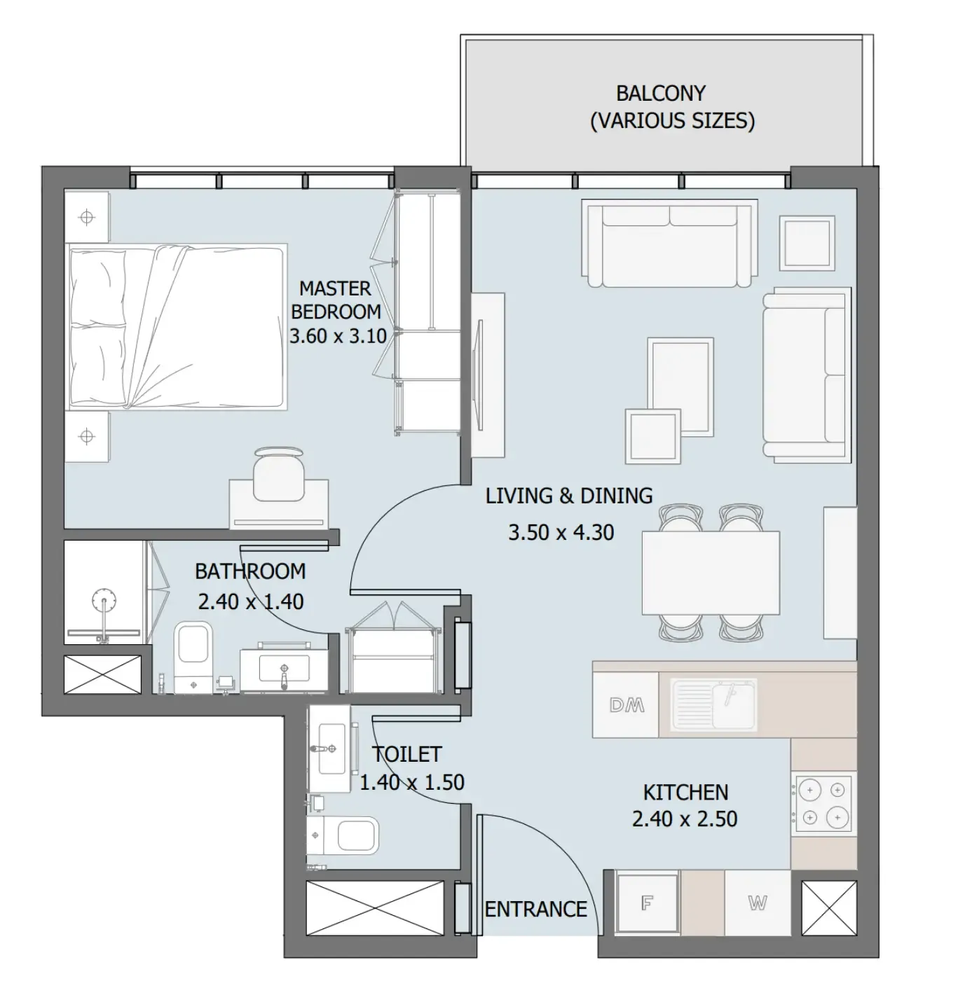 Verdana III 1 bed floor plan, 541 – 590 sqft