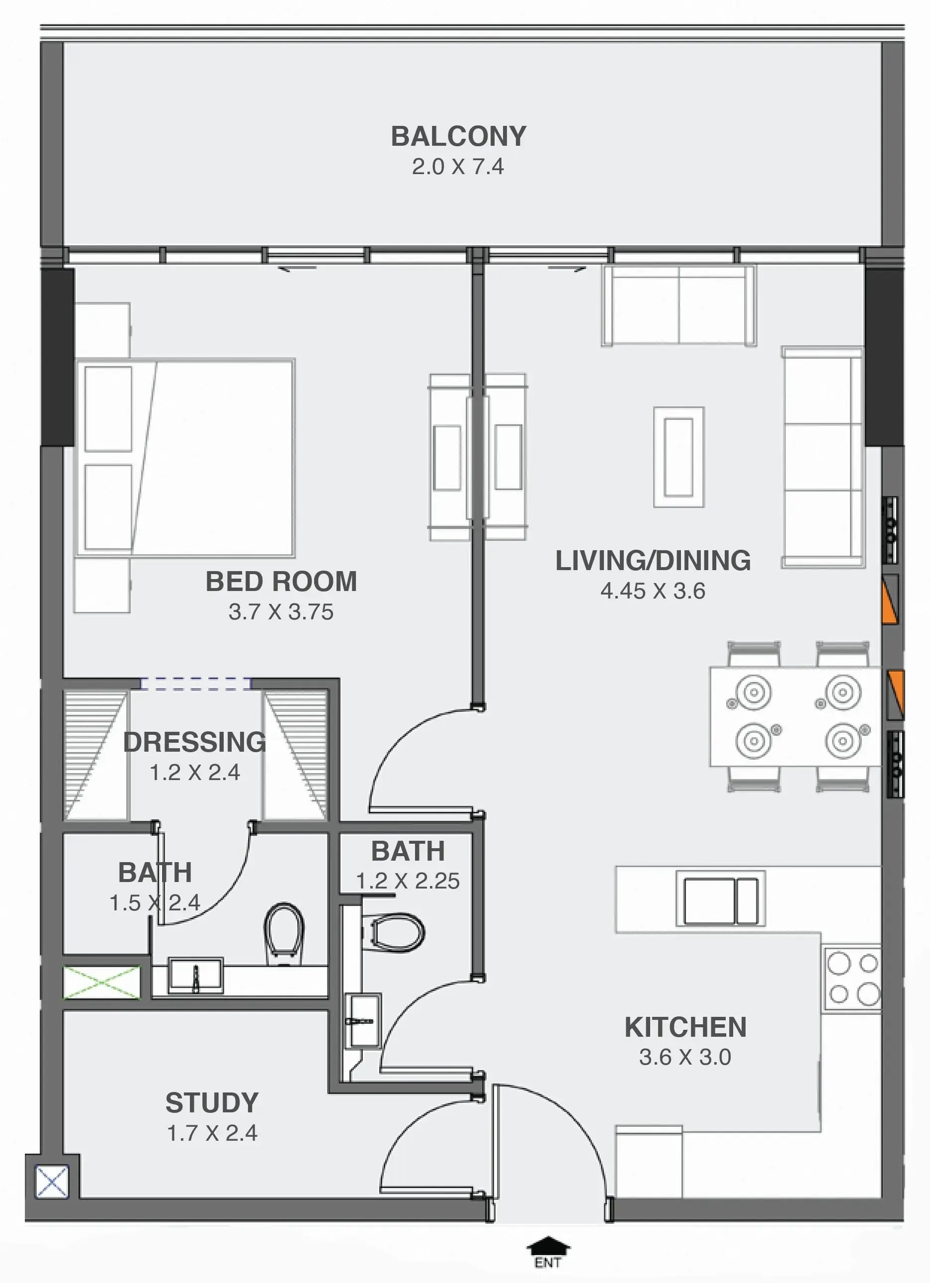 Floarea Oasis 1 bed floor plan, 865 sqft