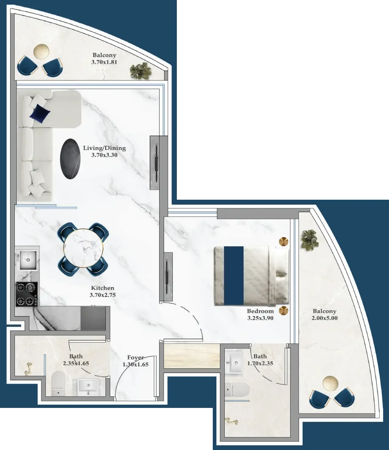Serenz 1 bed floor plan, 600 sqft