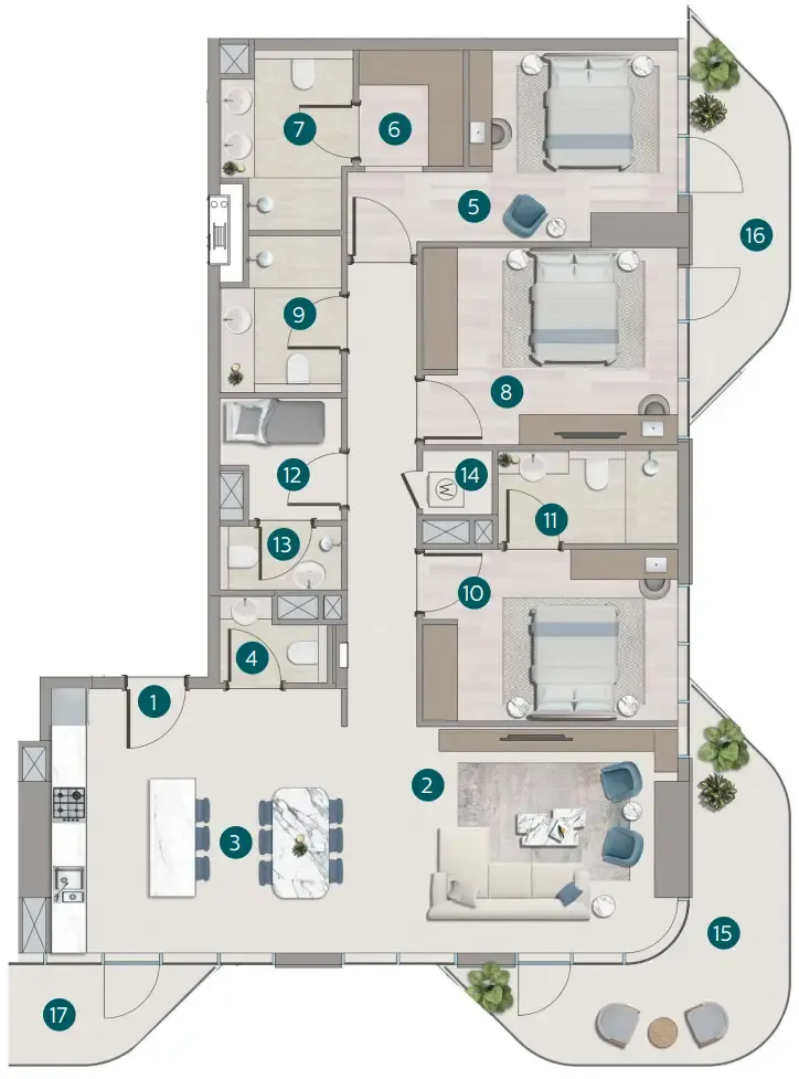 Flora Shore Beachside Residences 3 bed floor plan, 1,428 – 1,539 sqft