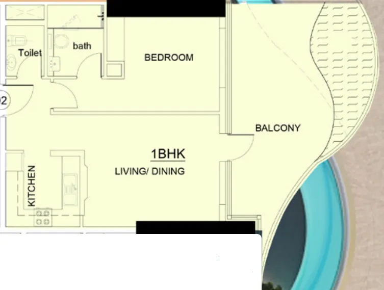 Volga Tower 1 bed floor plan, 896 sqft