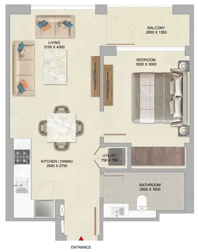 The Woods at Sobha Sanctuary 1 bed floor plan, 540 sqft
