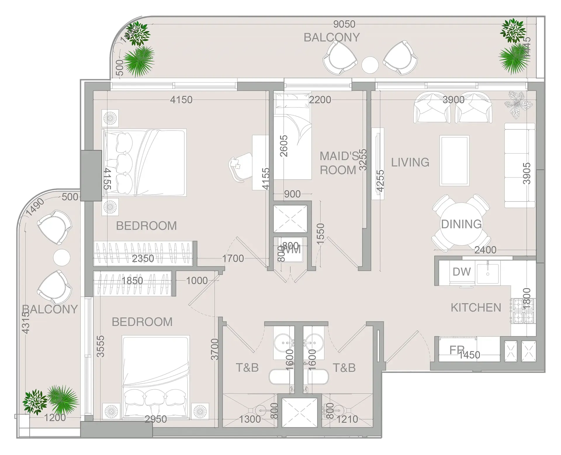 VERDAN1A 4 2 bed floor plan, 1,165 sqft