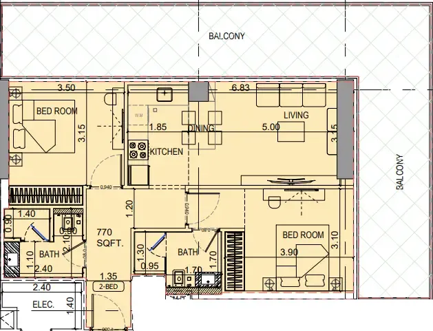 Binghatti Vintage 2 bed floor plan, 1,250 sqft