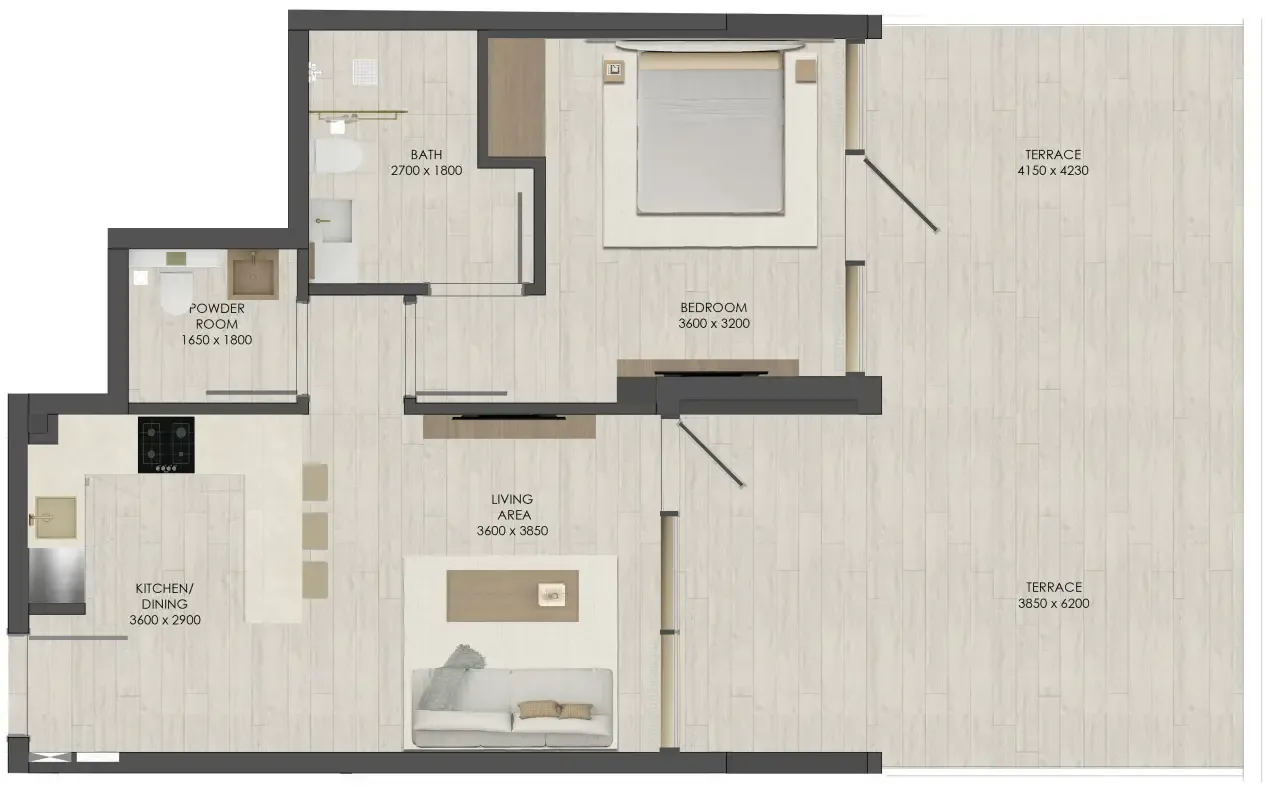 JAD 288 1 bed floor plan, 1,028 sqft