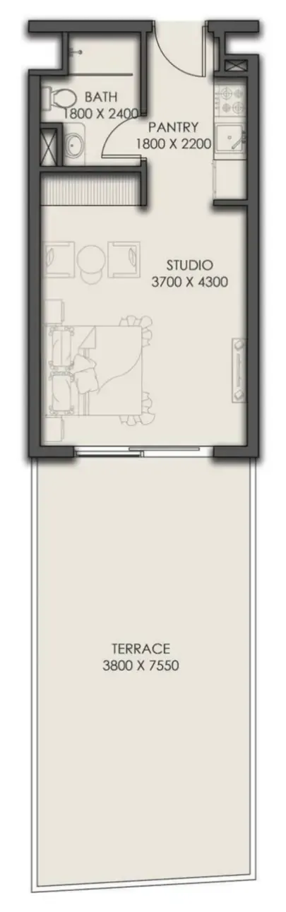 Park Residency Studio floor plan, 634 sqft