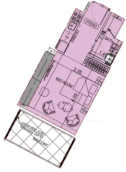 Binghatti Flare Studio floor plan, 384 – 413 sqft