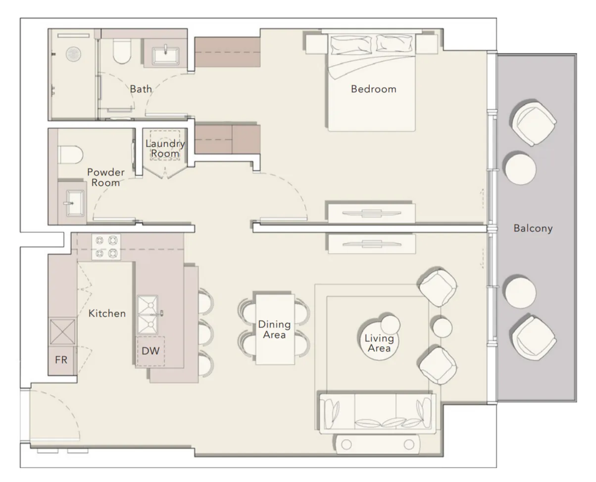 One River Point 1 bed floor plan, 1,060 sqft