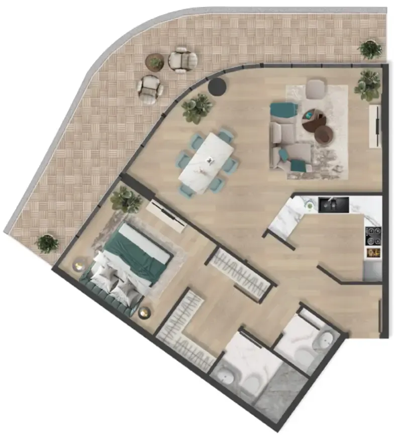 Pelagia 1 bed floor plan, 1,274 sqft