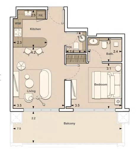 Lume Residences 1 bed floor plan, 602 – 679 sqft