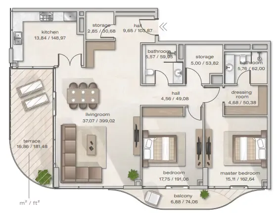 Zephyra Residences 2 bed floor plan, 1,703 sqft