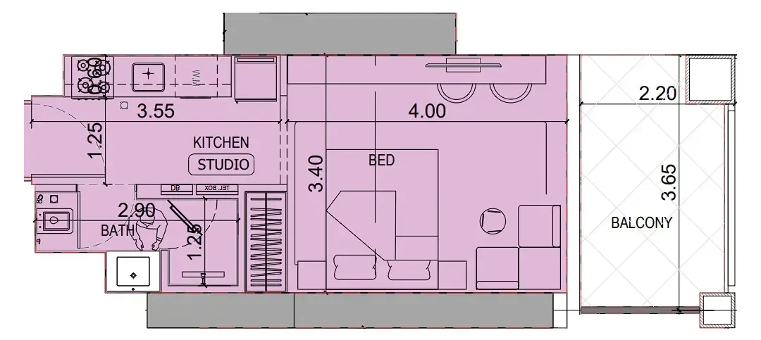 Binghatti Titania Studio floor plan, 399 sqft