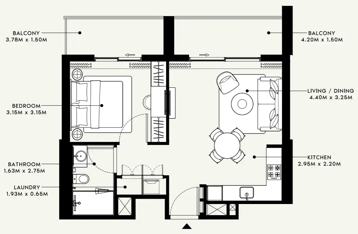 Beach Oasis 1 and 2 1 bed floor plan, 677 sqft