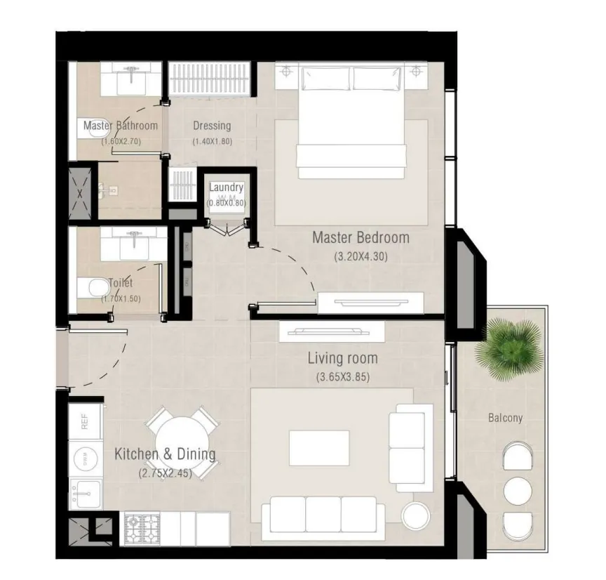 Alton 1 bed floor plan, 685 sqft