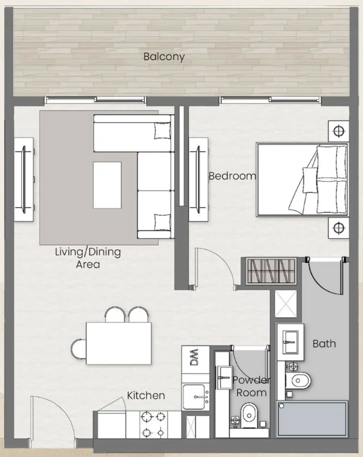 Beverly Park 1 bed floor plan, 734 sqft