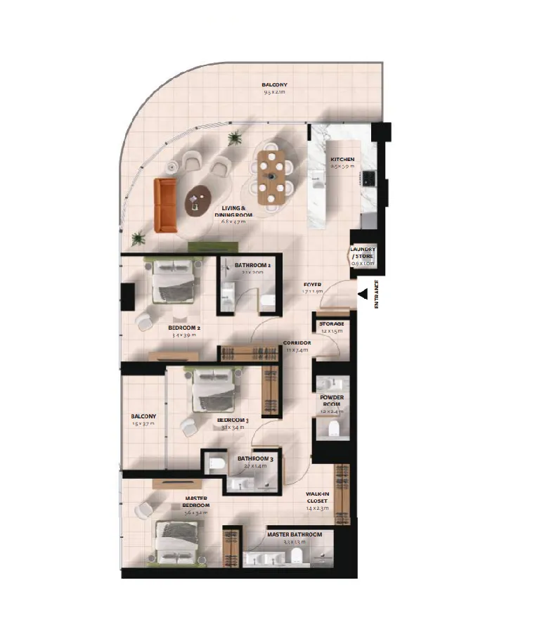 Waada Dubai South 3 bed floor plan, 1,733 sqft