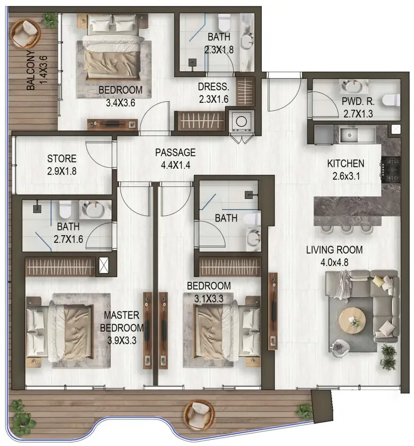 Noore 3 bed floor plan, 1,536 sqft