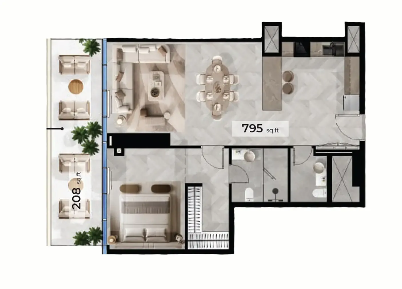 Radiant Terrace 1 bed floor plan, 1,003 sqft