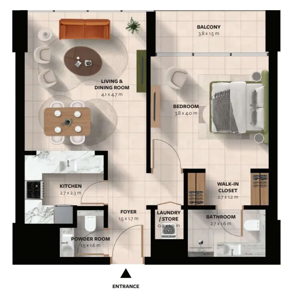 Waada Dubai South 1 bed floor plan, 766 sqft