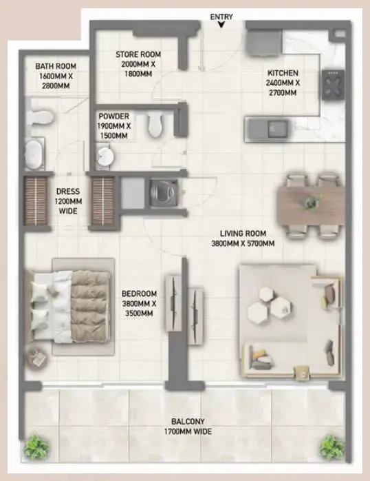 Blossom 40 1 bed floor plan, 864 sqft