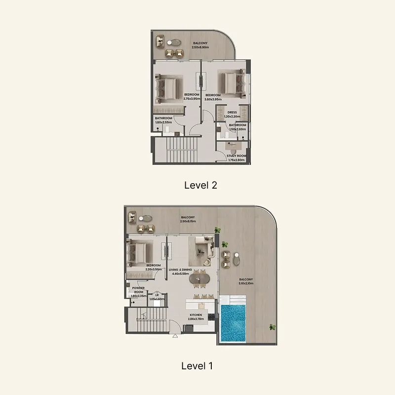 Divine Al Barari 3 bed floor plan, 2,510 – 2,556 sqft