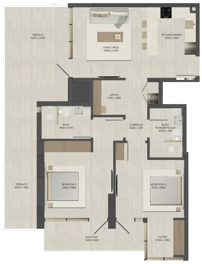 JAD 288 2 bed floor plan, 1,525 sqft