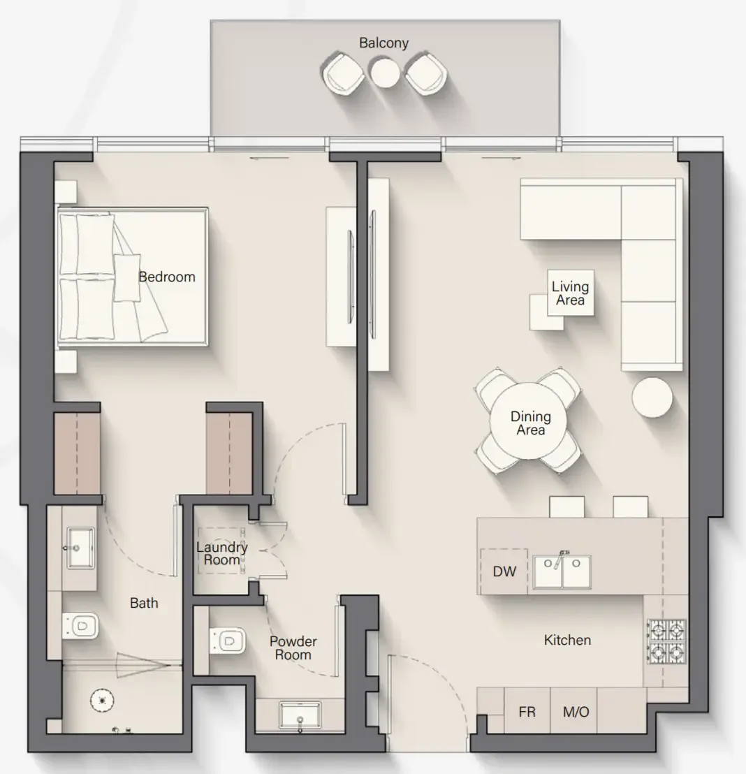 Riverton House 1 bed floor plan, 787 – 791 sqft