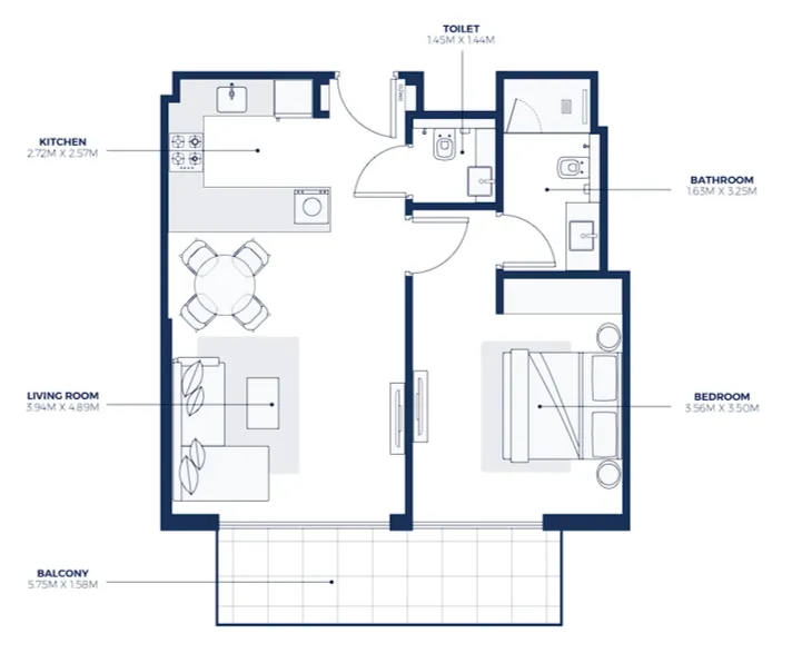 Creek Views 3 1 bed floor plan, 729 sqft