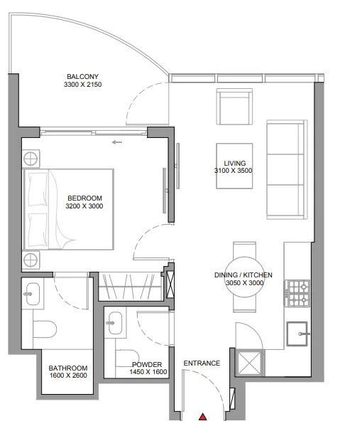 Sobha Aquamont 1 bed floor plan, 563 sqft
