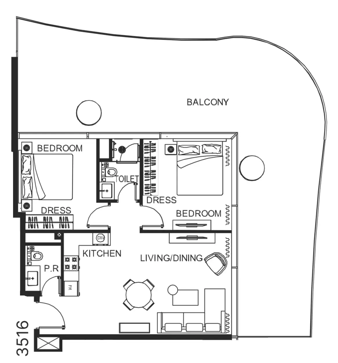 The WOW Tower 2 bed floor plan, 1,464 sqft