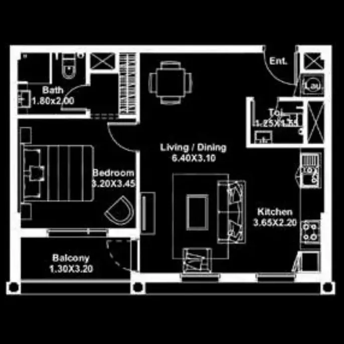 Afnan 1 bed floor plan, 642 sqft