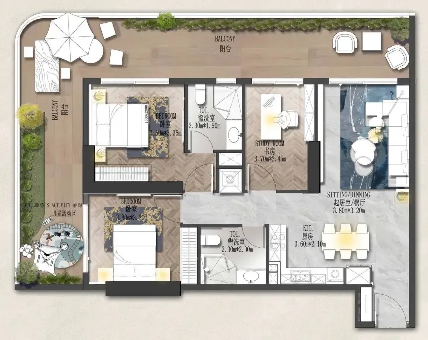 Forest City 2 2 bed floor plan, 1,418 sqft
